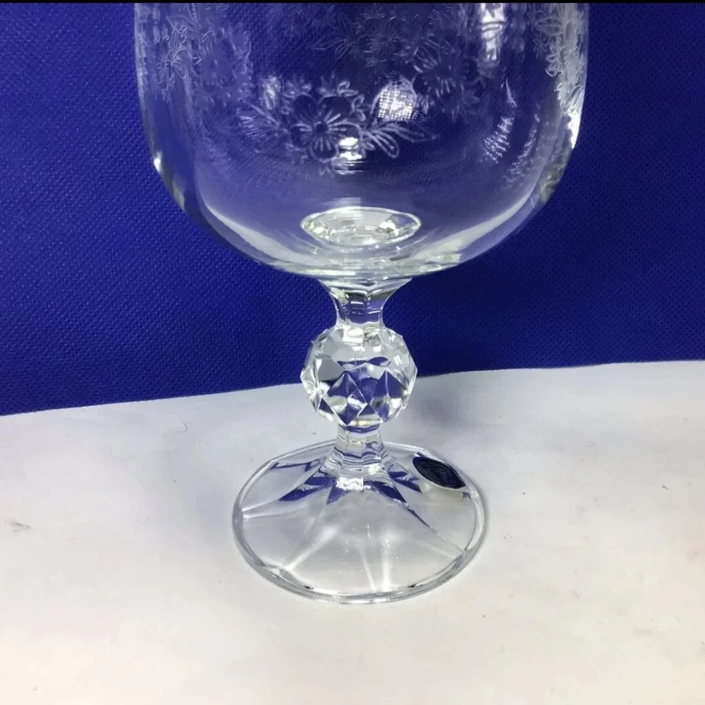 Set of 6 Vintage Bohemia Etching Floral Crystal Hand Blown Wine Glasses